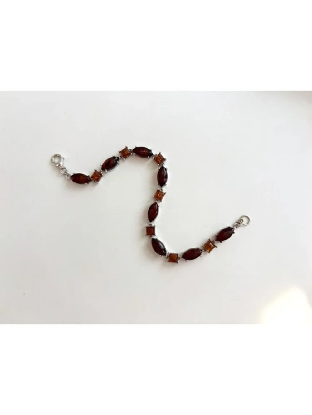 Natural Baltic Amber Marquise Chainlink Vintage Sterling Silver 925 Bracelet 7